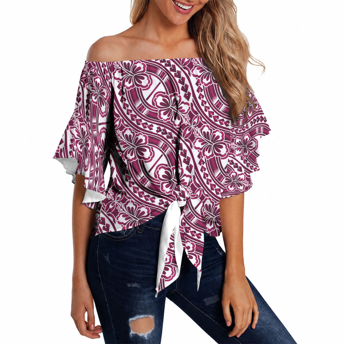 Hibiscus Bloom Island Tribal Waves Off Shoulder Wrap Waist Top Pink Polynesian Pattern
