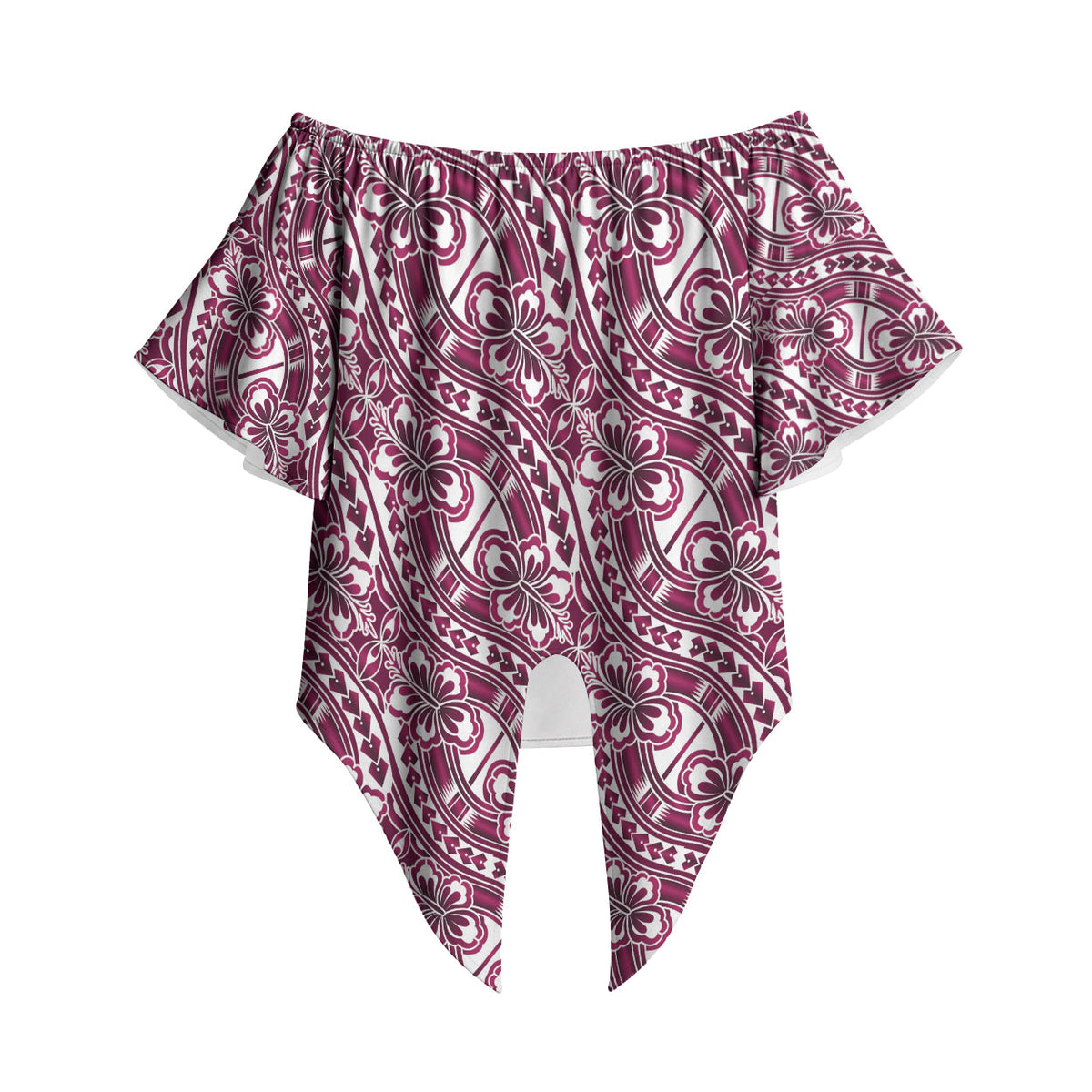 Hibiscus Bloom Island Tribal Waves Off Shoulder Wrap Waist Top Pink Polynesian Pattern