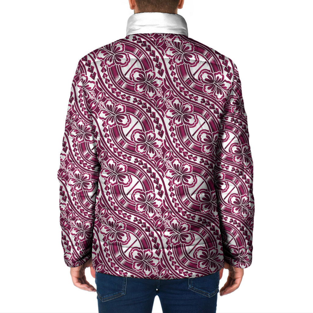 Hibiscus Bloom Island Tribal Waves Padded Jacket Pink Polynesian Pattern
