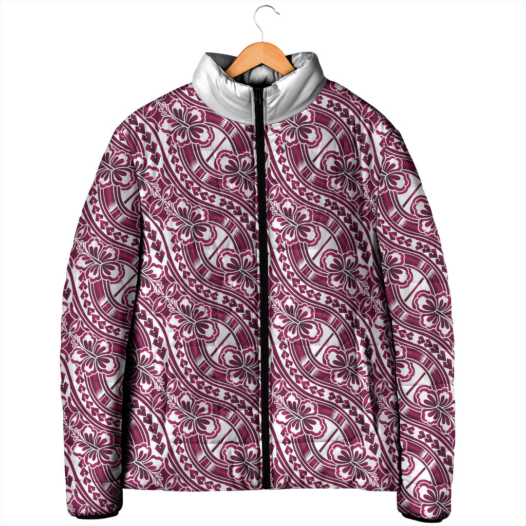 Hibiscus Bloom Island Tribal Waves Padded Jacket Pink Polynesian Pattern