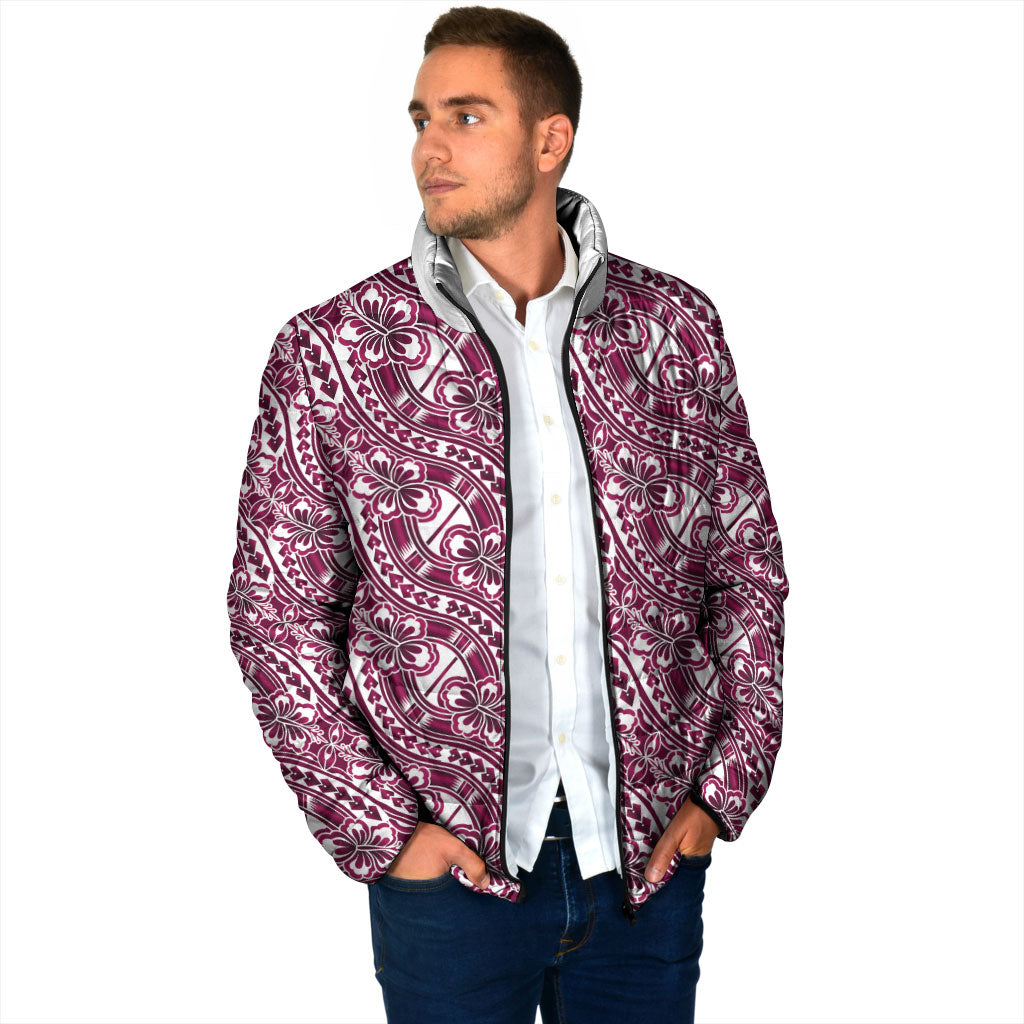 Hibiscus Bloom Island Tribal Waves Padded Jacket Pink Polynesian Pattern