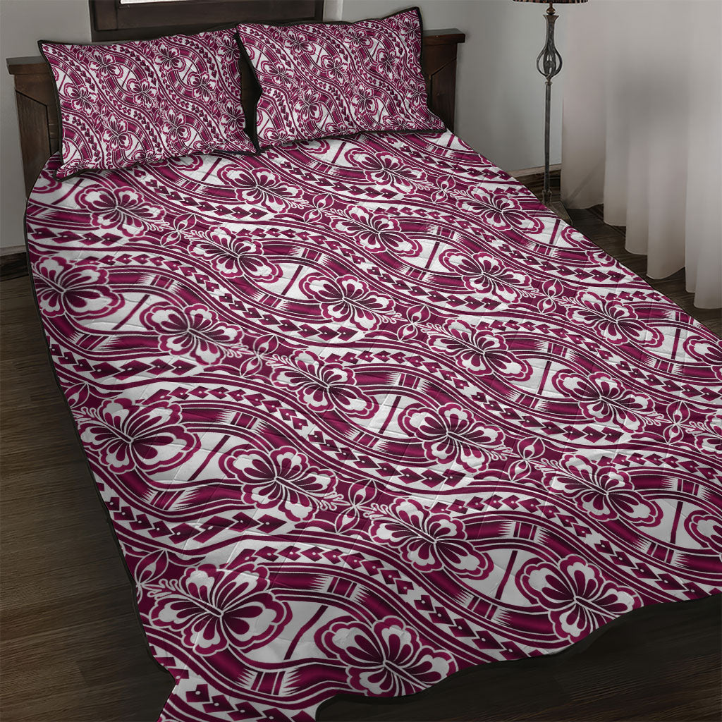 Hibiscus Bloom Island Tribal Waves Quilt Bed Set Pink Polynesian Pattern