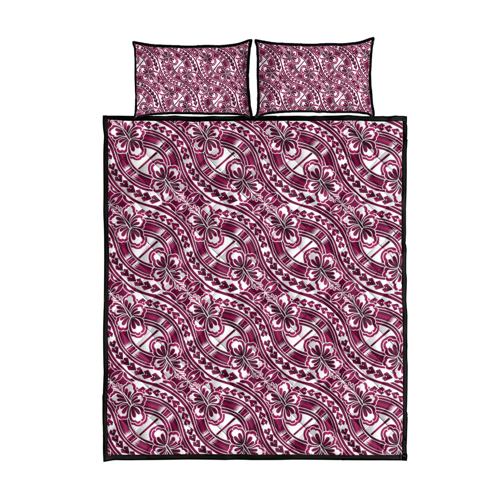 Hibiscus Bloom Island Tribal Waves Quilt Bed Set Pink Polynesian Pattern