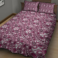 Hibiscus Bloom Island Tribal Waves Quilt Bed Set Pink Polynesian Pattern