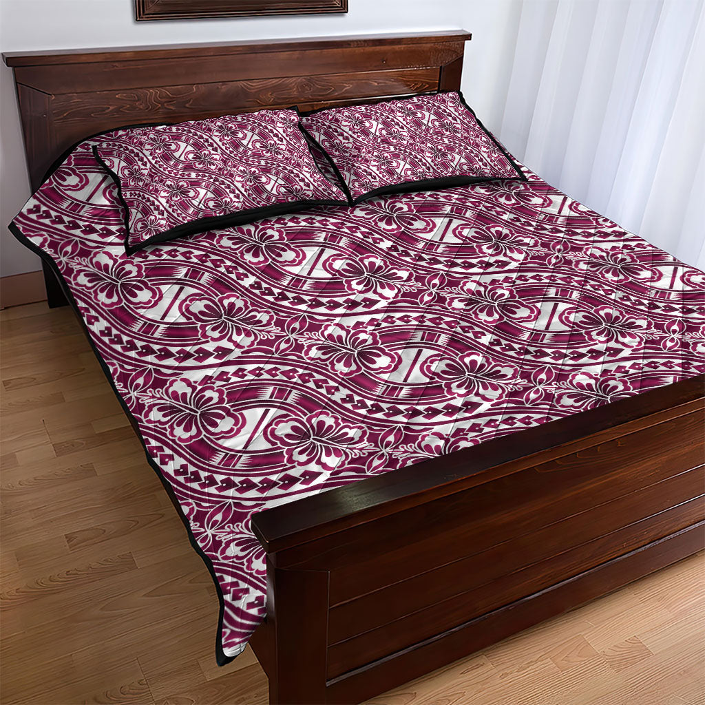 Hibiscus Bloom Island Tribal Waves Quilt Bed Set Pink Polynesian Pattern