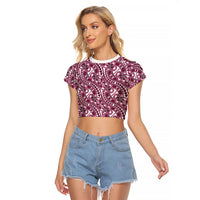 Hibiscus Bloom Island Tribal Waves Raglan Cropped T Shirt Pink Polynesian Pattern