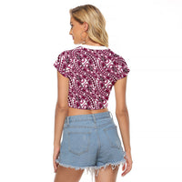 Hibiscus Bloom Island Tribal Waves Raglan Cropped T Shirt Pink Polynesian Pattern