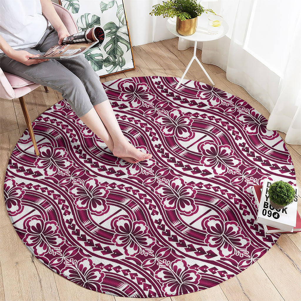 Hibiscus Bloom Island Tribal Waves Round Carpet Pink Polynesian Pattern