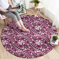 Hibiscus Bloom Island Tribal Waves Round Carpet Pink Polynesian Pattern