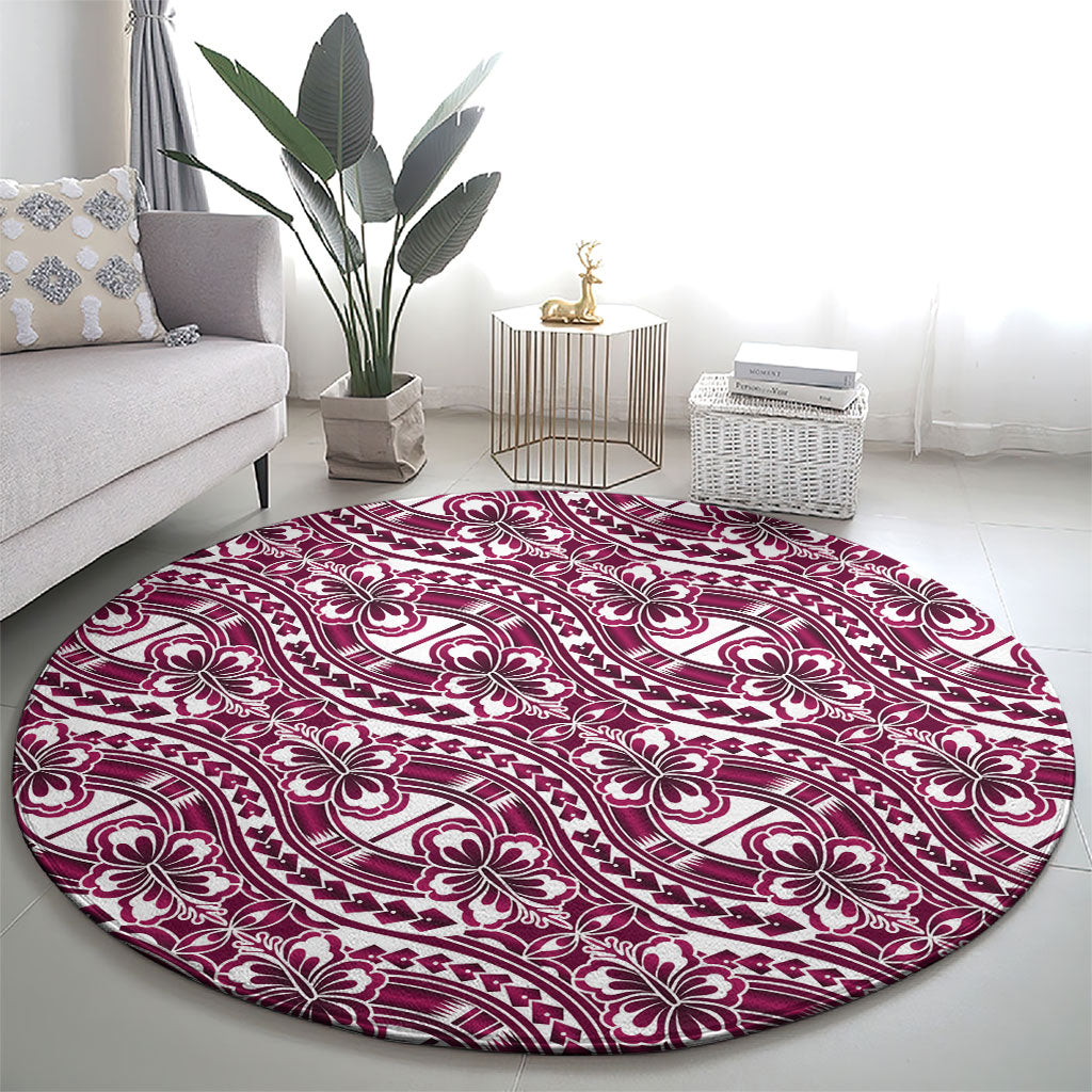 Hibiscus Bloom Island Tribal Waves Round Carpet Pink Polynesian Pattern
