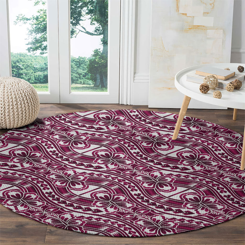 Hibiscus Bloom Island Tribal Waves Round Carpet Pink Polynesian Pattern