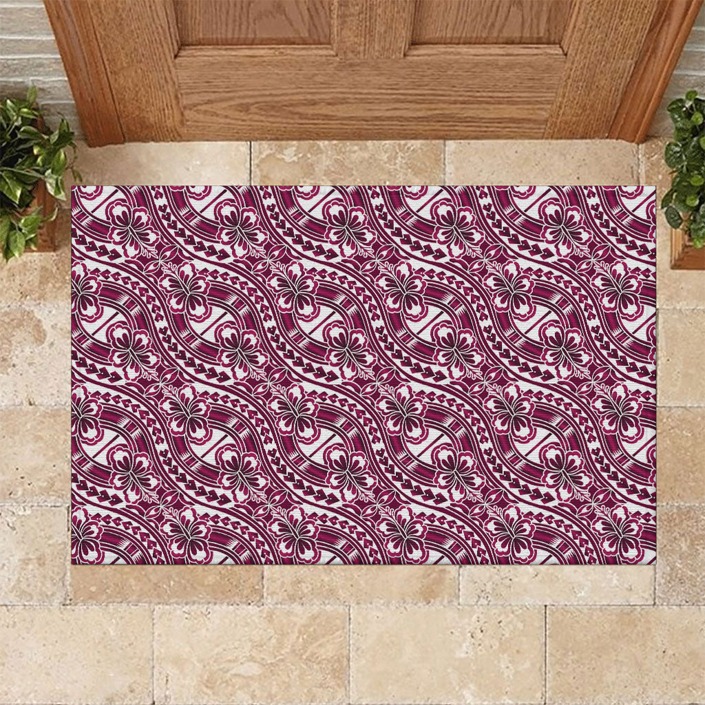 Hibiscus Bloom Island Tribal Waves Rubber Doormat Pink Polynesian Pattern