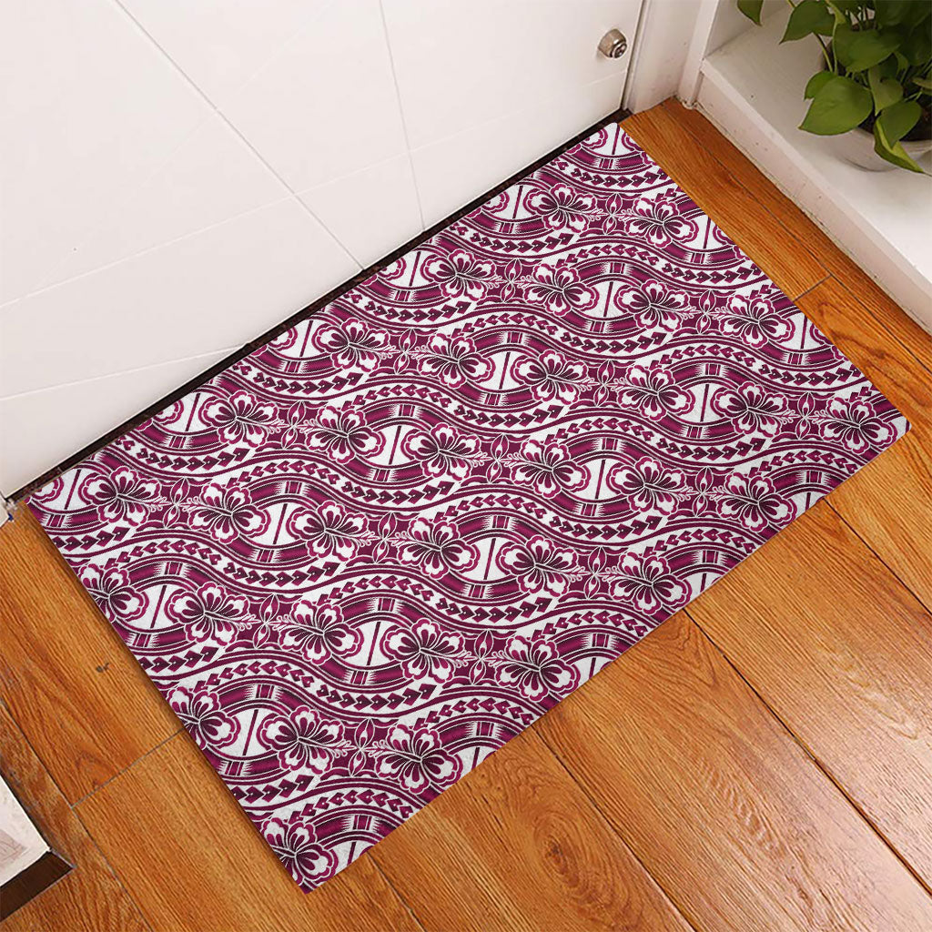 Hibiscus Bloom Island Tribal Waves Rubber Doormat Pink Polynesian Pattern