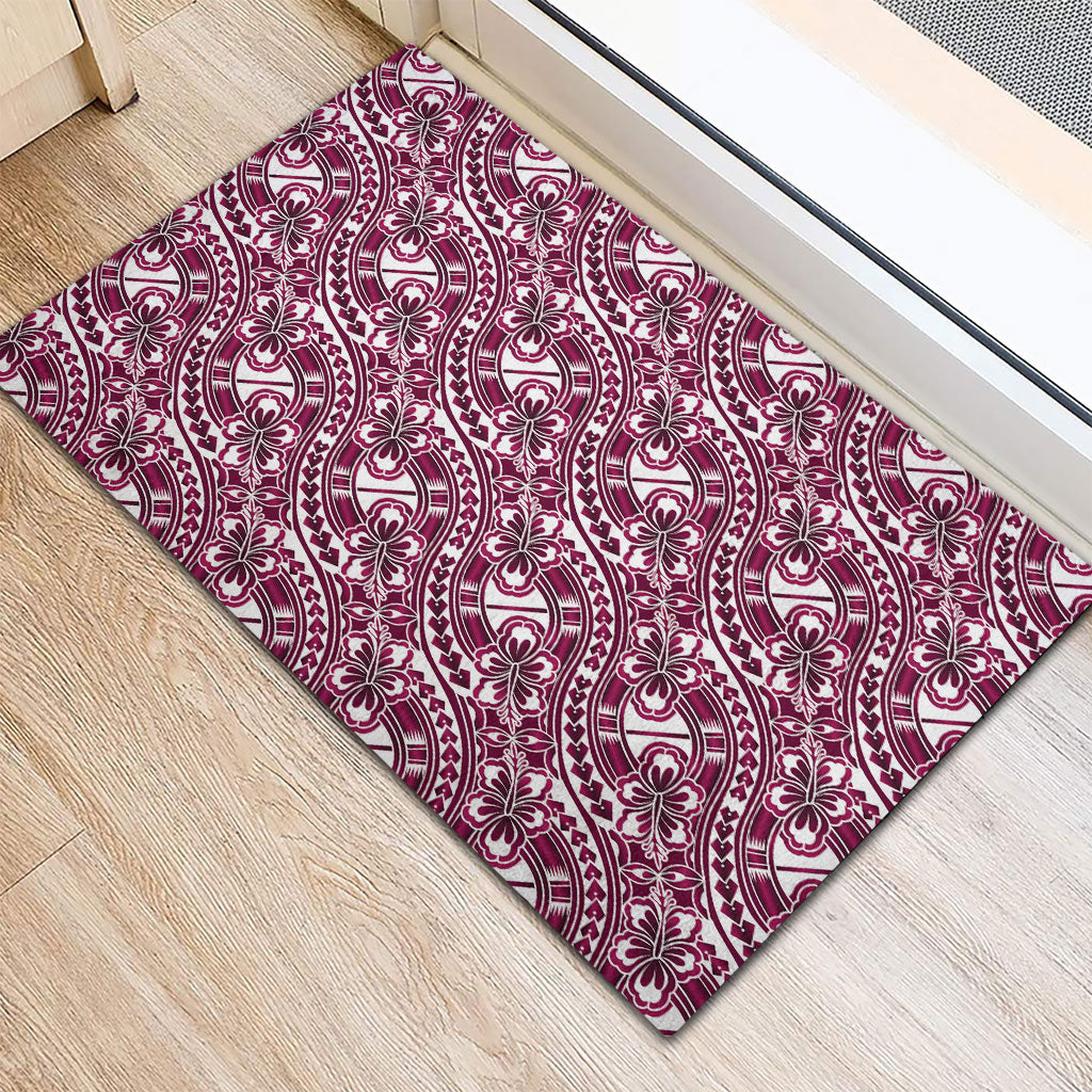 Hibiscus Bloom Island Tribal Waves Rubber Doormat Pink Polynesian Pattern