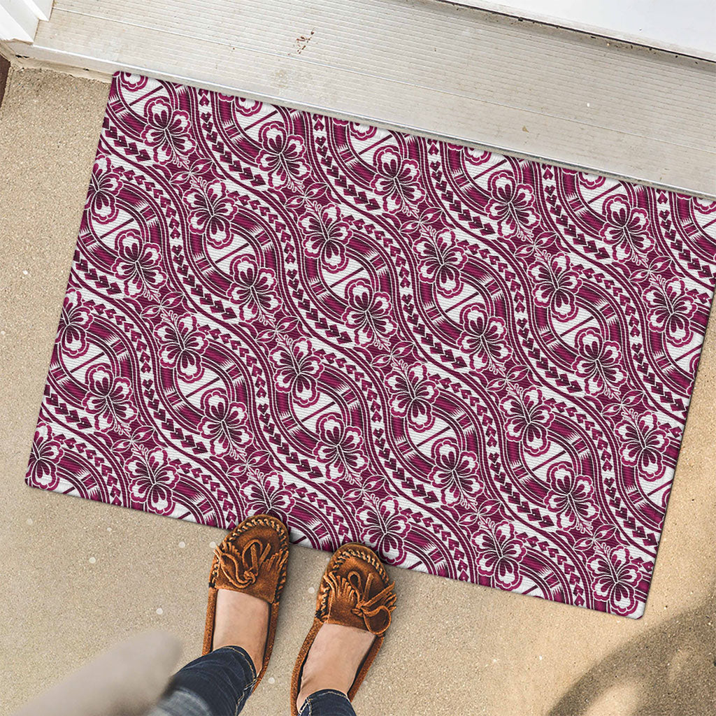 Hibiscus Bloom Island Tribal Waves Rubber Doormat Pink Polynesian Pattern