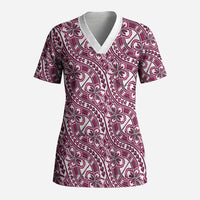 Hibiscus Bloom Island Tribal Waves Scrub Top Pink Polynesian Pattern