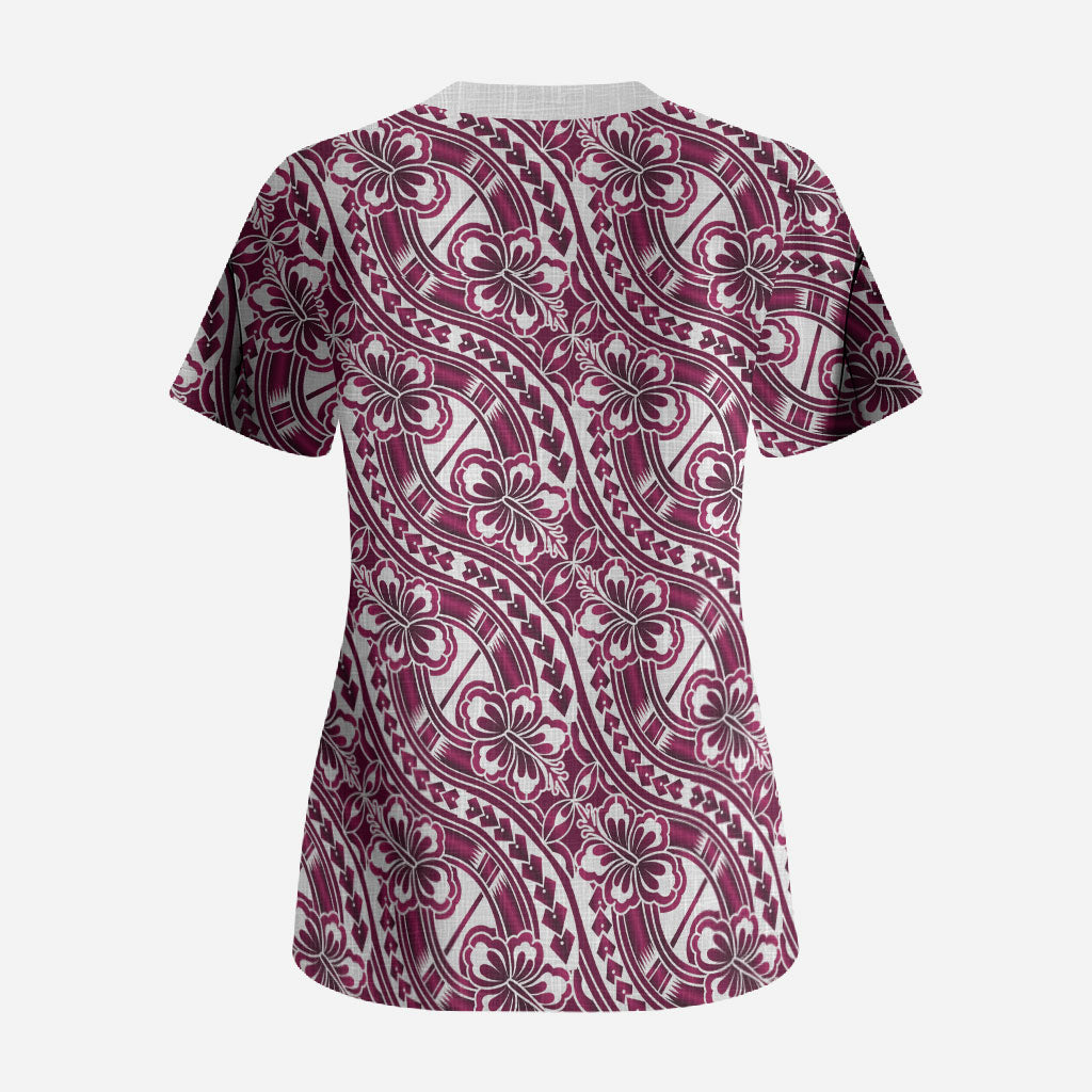 Hibiscus Bloom Island Tribal Waves Scrub Top Pink Polynesian Pattern