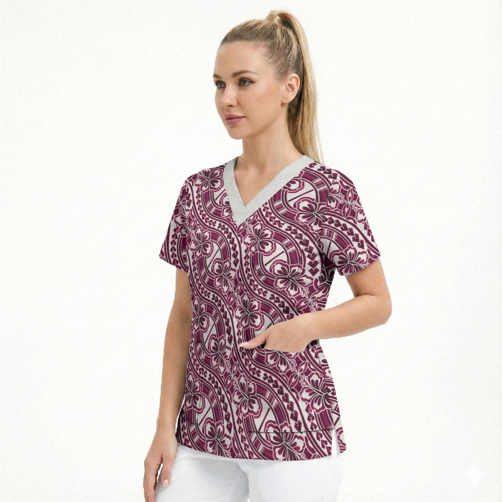 Hibiscus Bloom Island Tribal Waves Scrub Top Pink Polynesian Pattern
