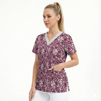 Hibiscus Bloom Island Tribal Waves Scrub Top Pink Polynesian Pattern