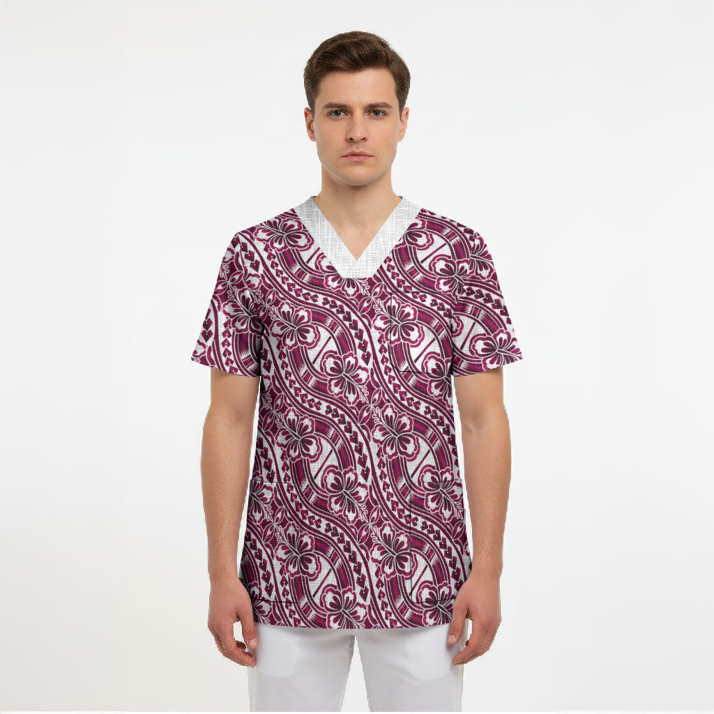 Hibiscus Bloom Island Tribal Waves Scrub Top Pink Polynesian Pattern