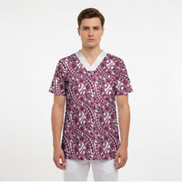 Hibiscus Bloom Island Tribal Waves Scrub Top Pink Polynesian Pattern