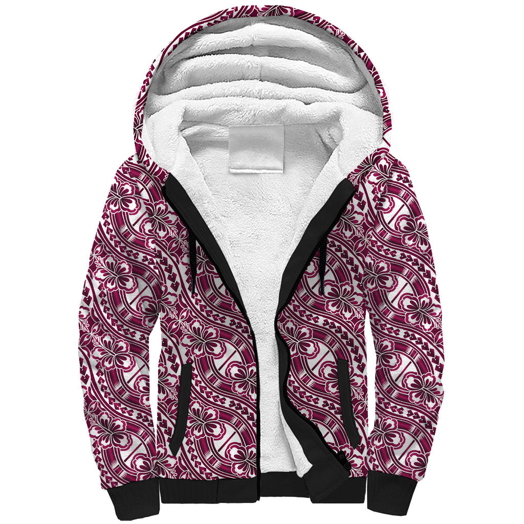 Hibiscus Bloom Island Tribal Waves Sherpa Hoodie Pink Polynesian Pattern