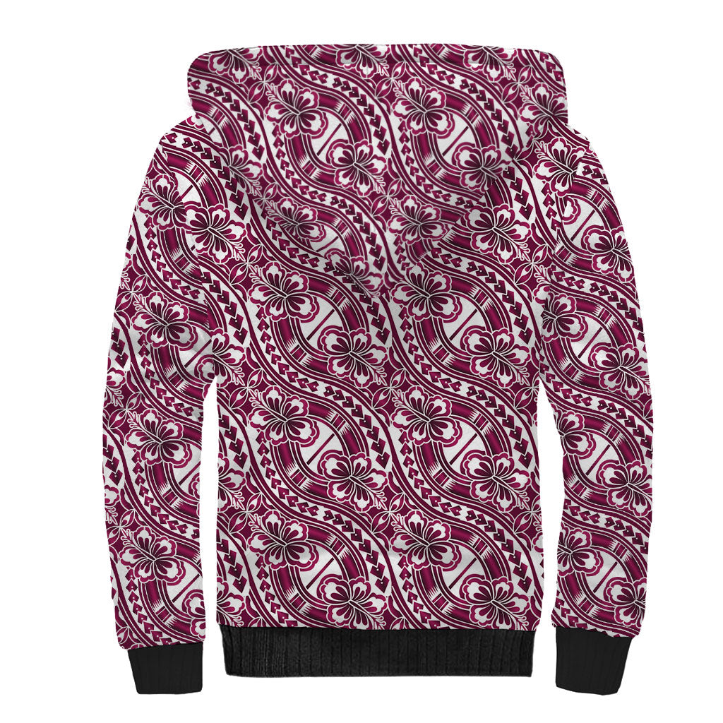 Hibiscus Bloom Island Tribal Waves Sherpa Hoodie Pink Polynesian Pattern