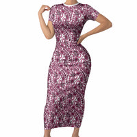 Hibiscus Bloom Island Tribal Waves Short Sleeve Bodycon Dress Pink Polynesian Pattern