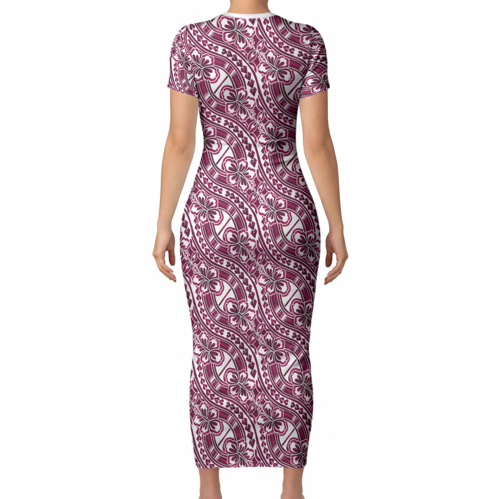 Hibiscus Bloom Island Tribal Waves Short Sleeve Bodycon Dress Pink Polynesian Pattern