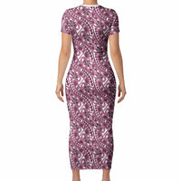 Hibiscus Bloom Island Tribal Waves Short Sleeve Bodycon Dress Pink Polynesian Pattern