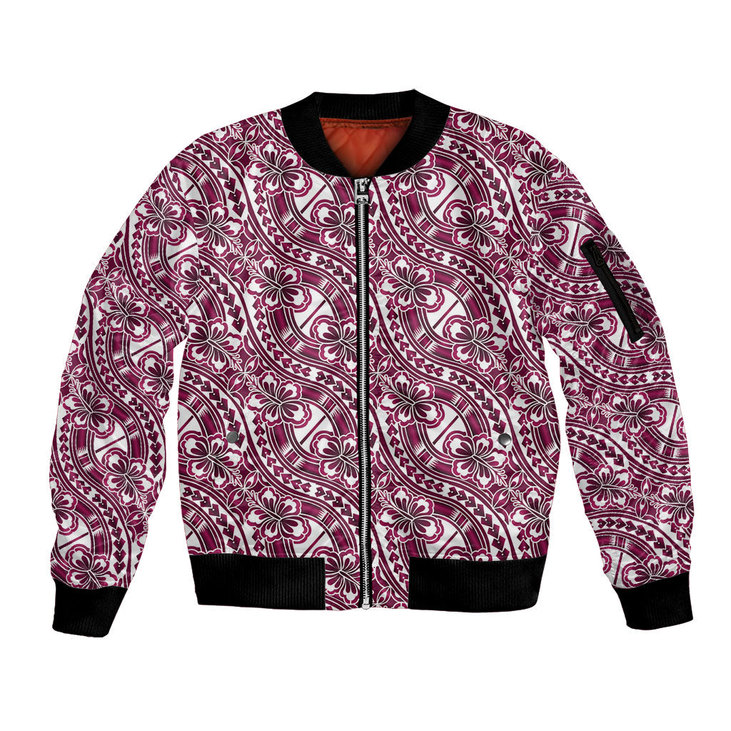 Hibiscus Bloom Island Tribal Waves Sleeve Zip Bomber Jacket Pink Polynesian Pattern