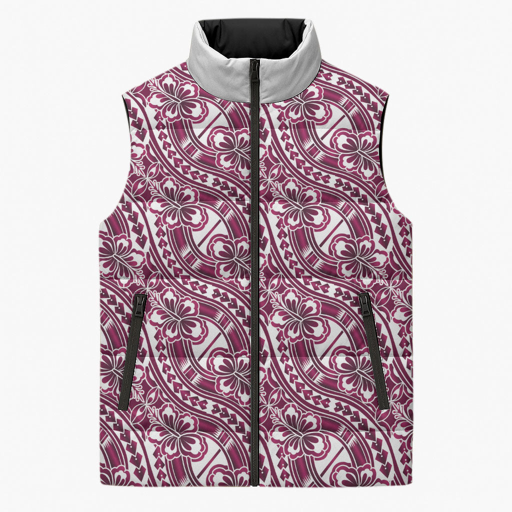 Hibiscus Bloom Island Tribal Waves Sleeveless Puffer Jacket Pink Polynesian Pattern