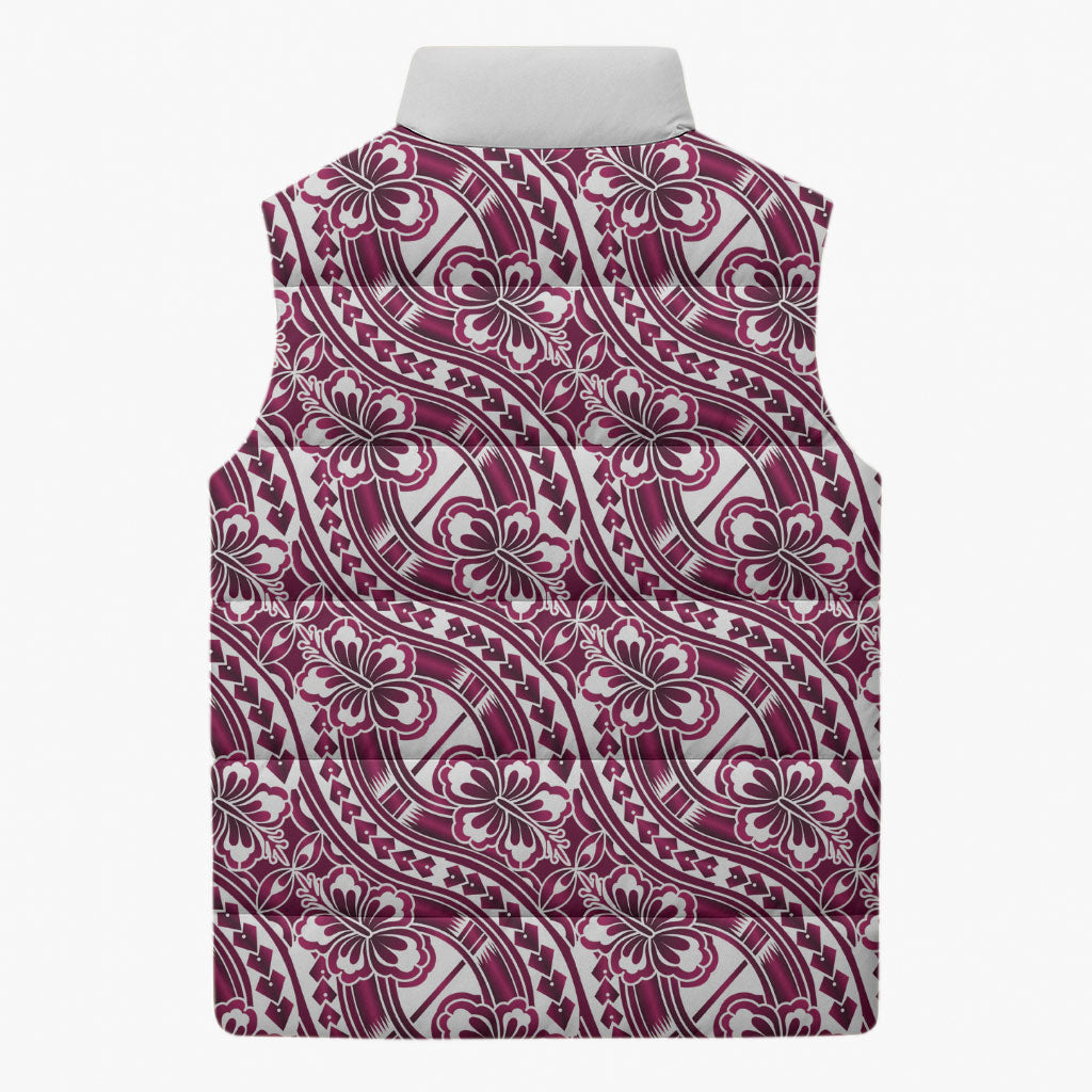Hibiscus Bloom Island Tribal Waves Sleeveless Puffer Jacket Pink Polynesian Pattern