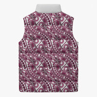 Hibiscus Bloom Island Tribal Waves Sleeveless Puffer Jacket Pink Polynesian Pattern