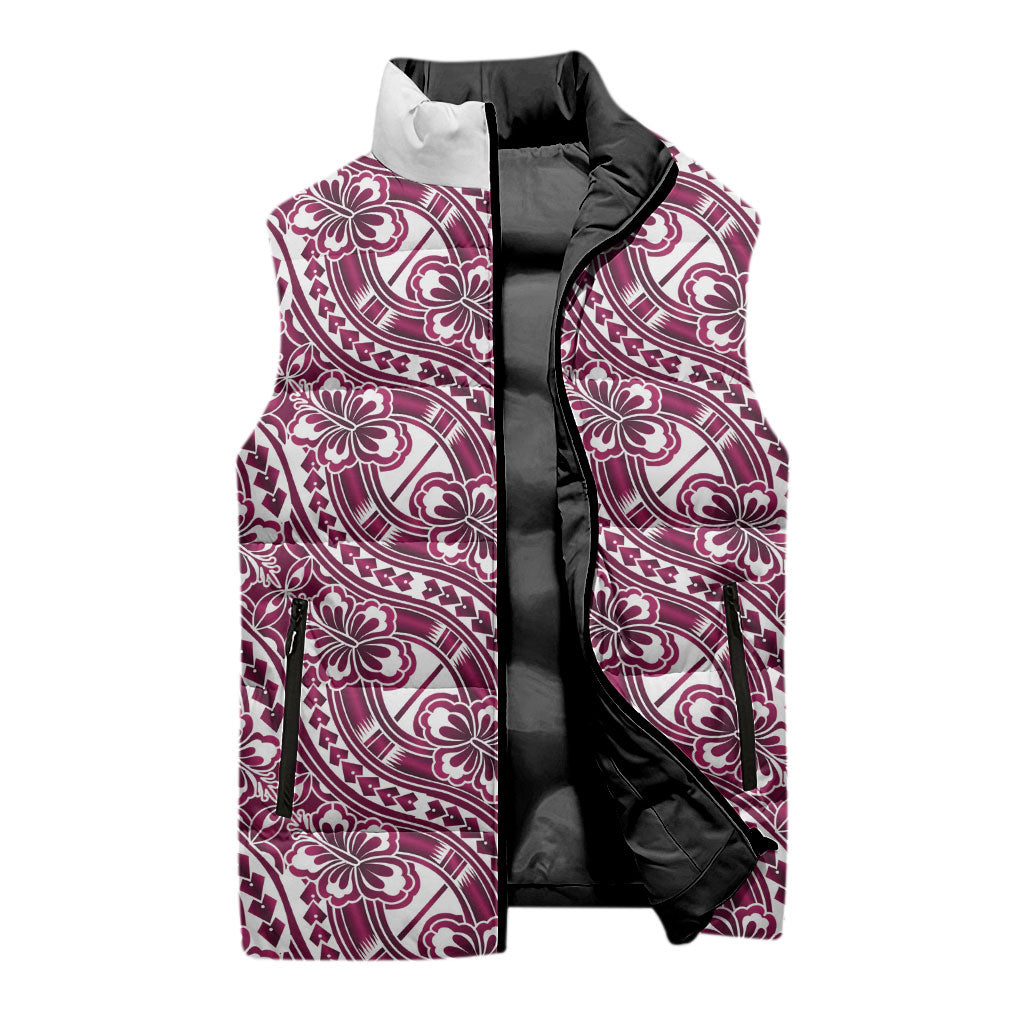 Hibiscus Bloom Island Tribal Waves Sleeveless Puffer Jacket Pink Polynesian Pattern