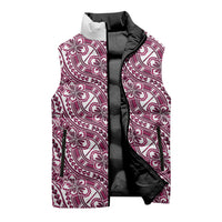 Hibiscus Bloom Island Tribal Waves Sleeveless Puffer Jacket Pink Polynesian Pattern