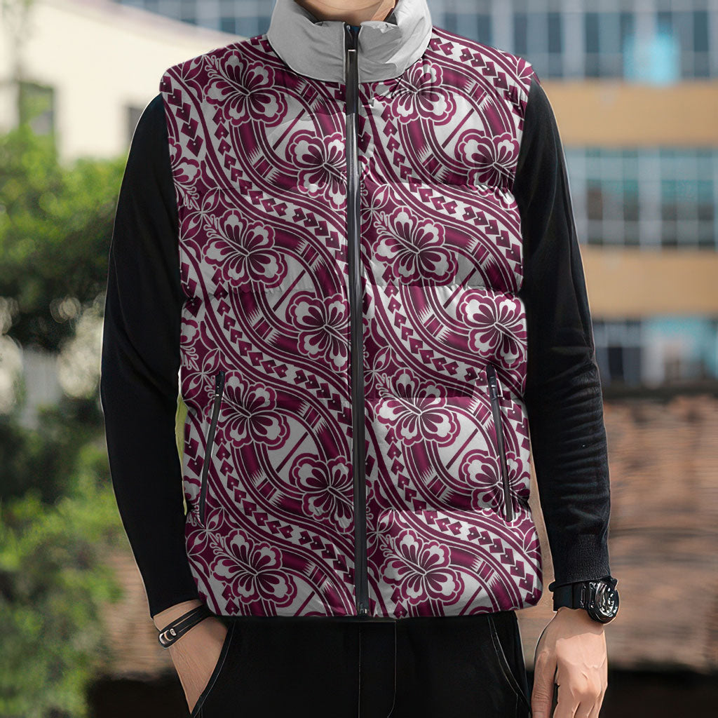 Hibiscus Bloom Island Tribal Waves Sleeveless Puffer Jacket Pink Polynesian Pattern