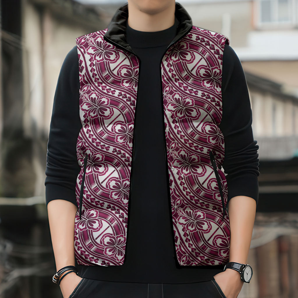 Hibiscus Bloom Island Tribal Waves Sleeveless Puffer Jacket Pink Polynesian Pattern