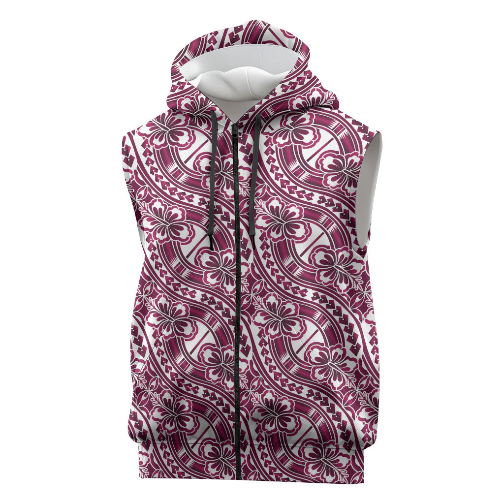 Hibiscus Bloom Island Tribal Waves Sleeveless Zip Hoodie Pink Polynesian Pattern