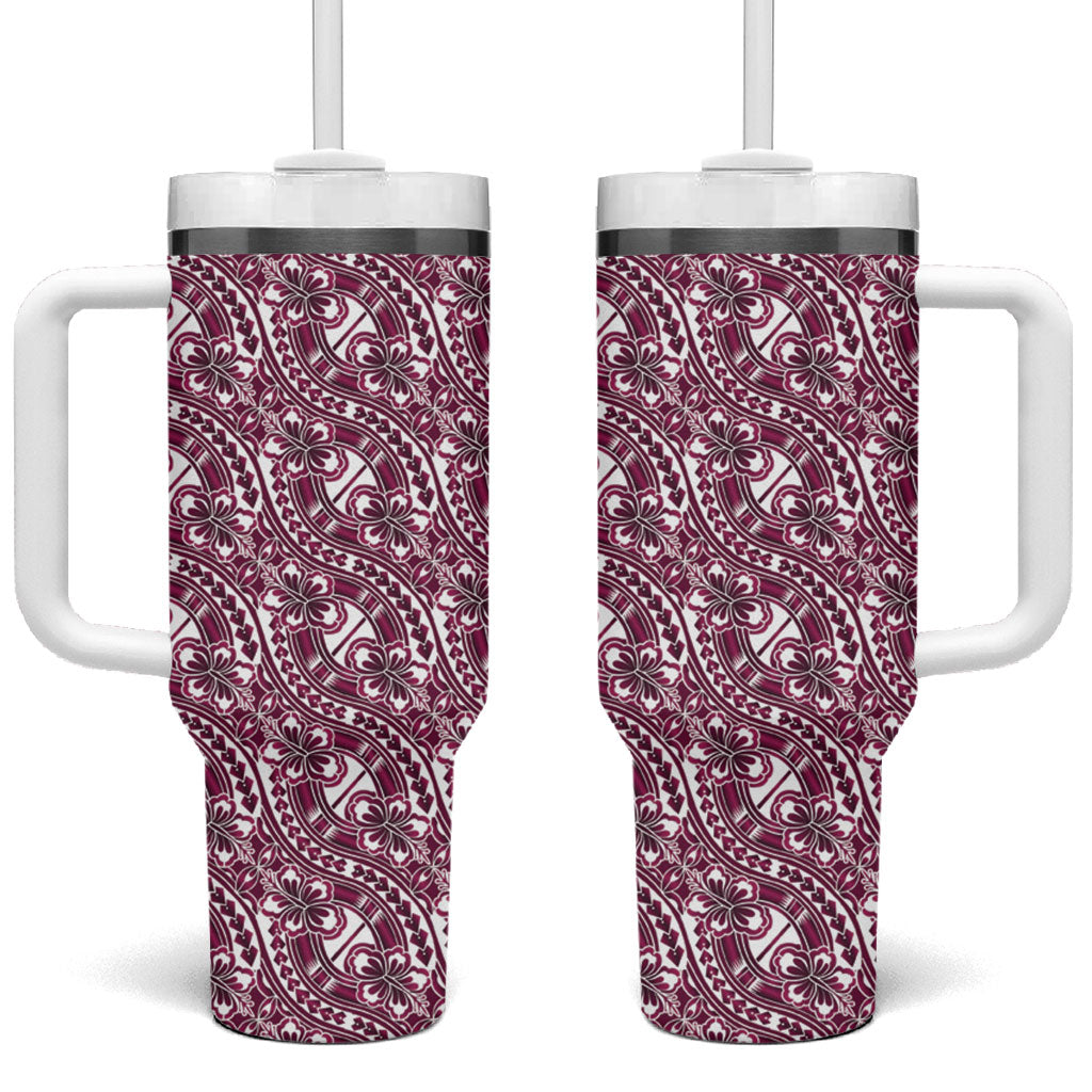 Hibiscus Bloom Island Tribal Waves Tumbler With Handle Pink Polynesian Pattern