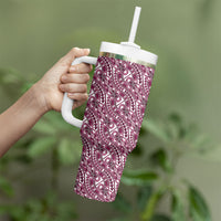 Hibiscus Bloom Island Tribal Waves Tumbler With Handle Pink Polynesian Pattern