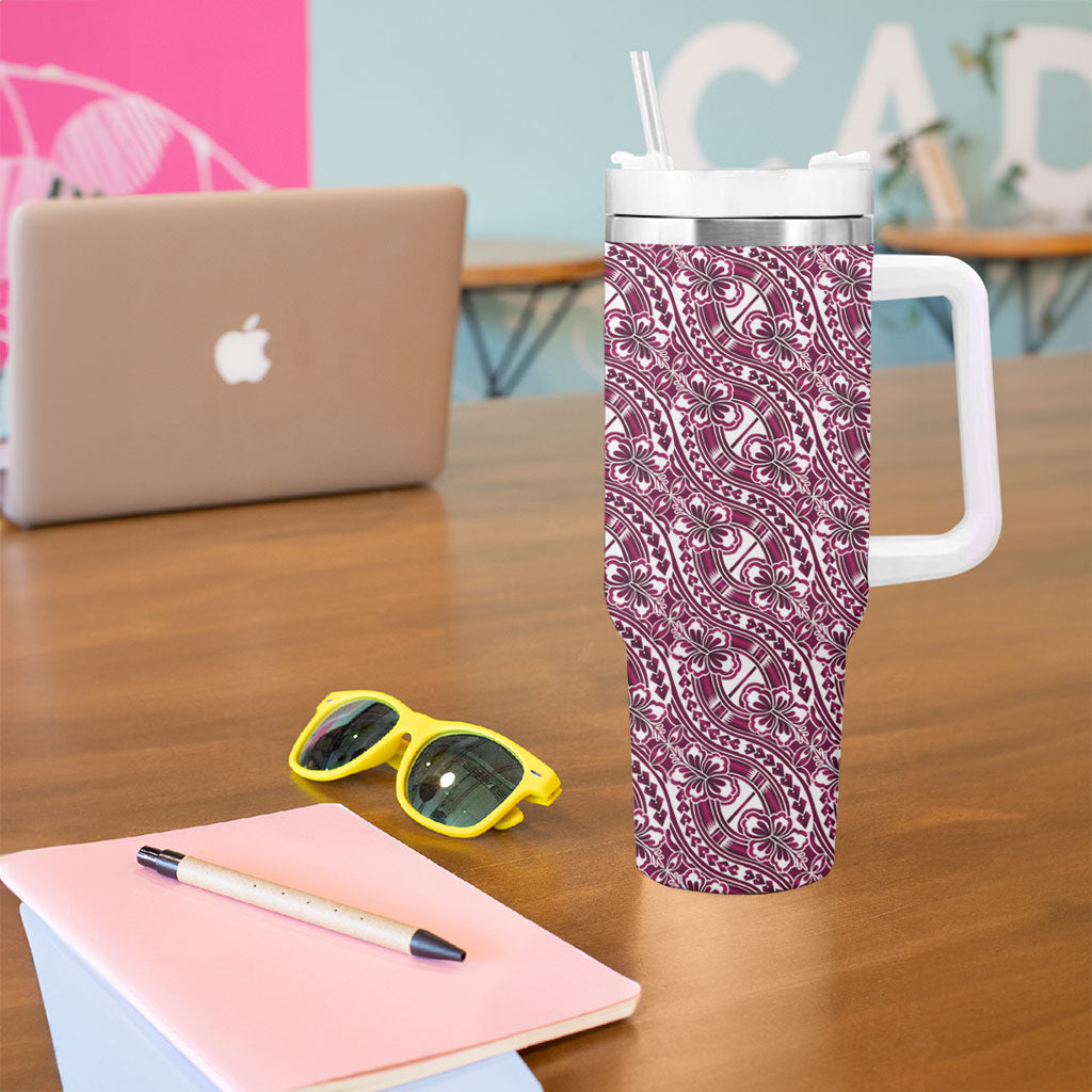Hibiscus Bloom Island Tribal Waves Tumbler With Handle Pink Polynesian Pattern