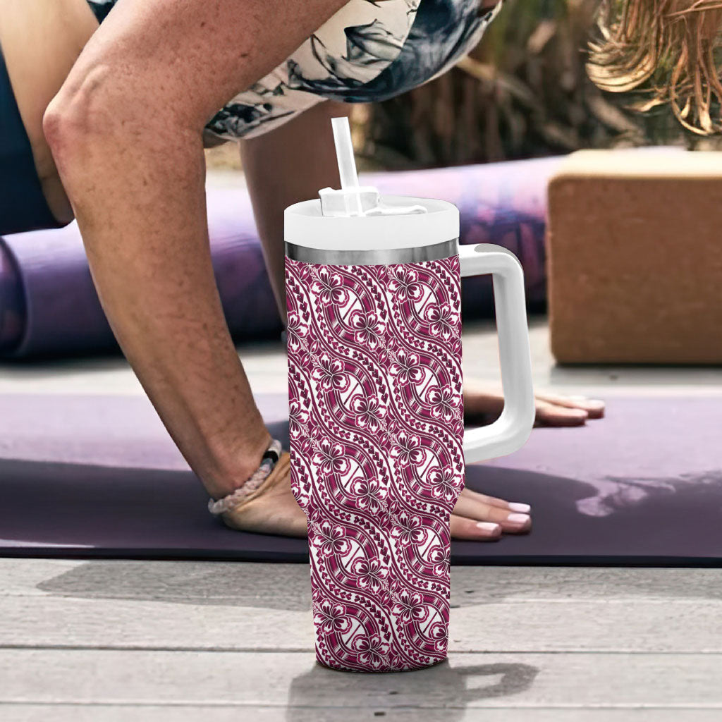 Hibiscus Bloom Island Tribal Waves Tumbler With Handle Pink Polynesian Pattern