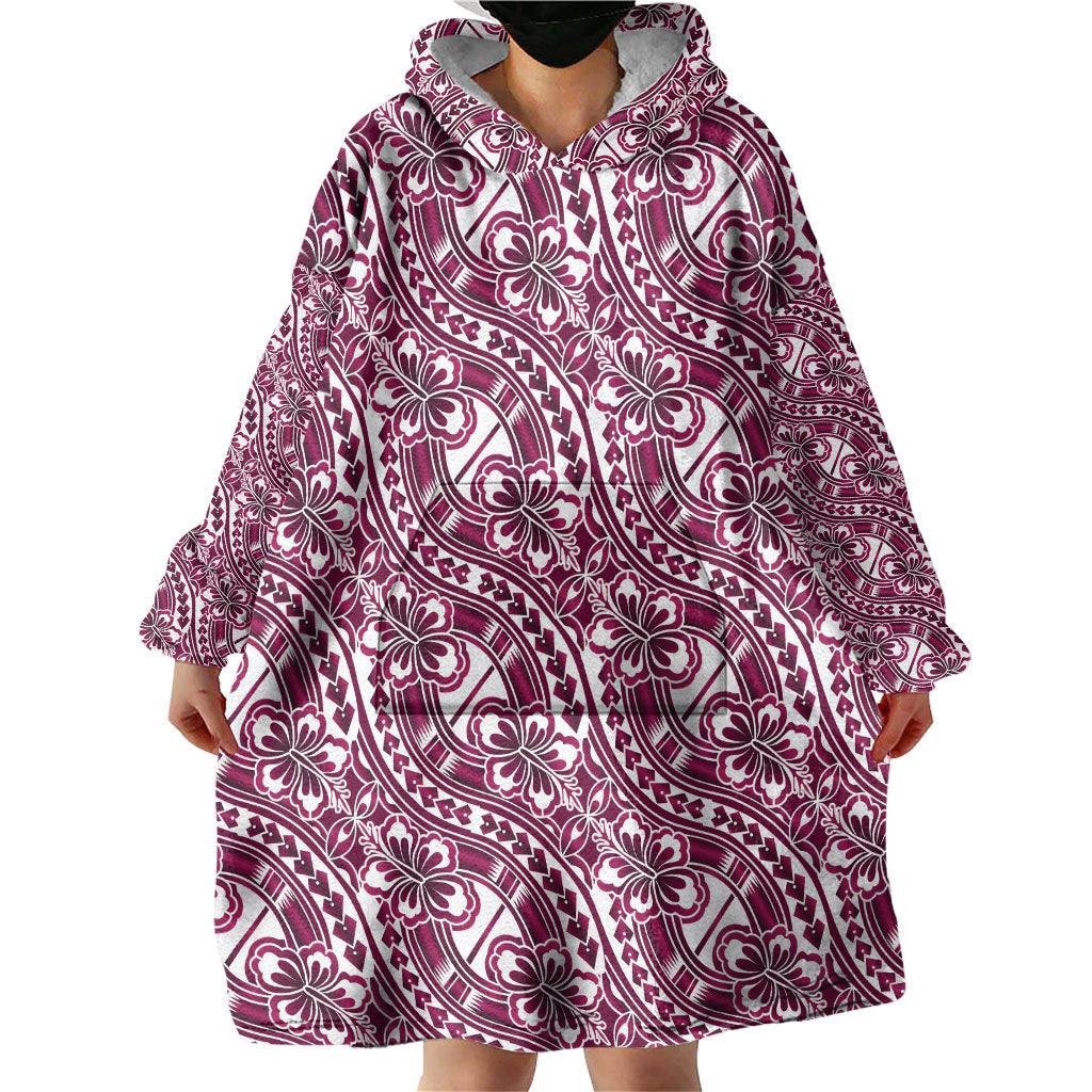 Hibiscus Bloom Island Tribal Waves Wearable Blanket Hoodie Pink Polynesian Pattern