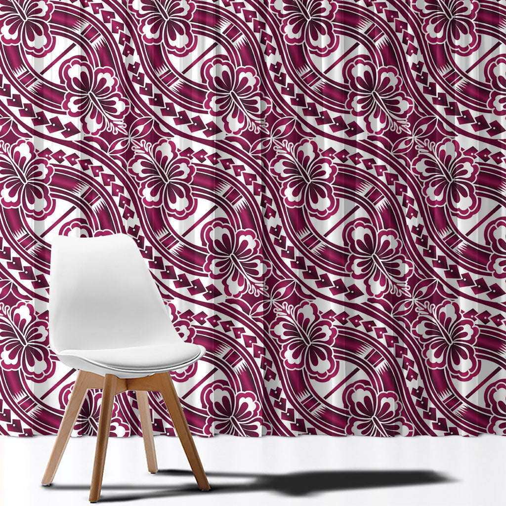 Hibiscus Bloom Island Tribal Waves Window Curtain Pink Polynesian Pattern