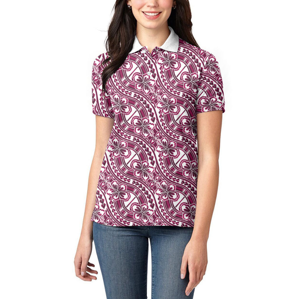 Hibiscus Bloom Island Tribal Waves Women Polo Shirt Pink Polynesian Pattern LT01 - Polynesian Pride