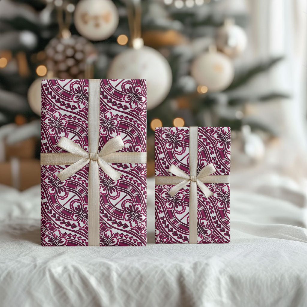 Hibiscus Bloom Island Tribal Waves Wrapping Paper Pink Polynesian Pattern