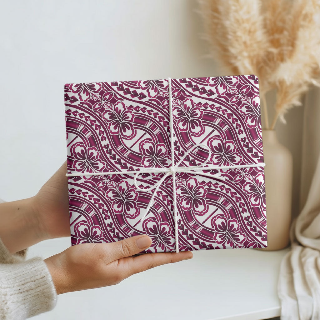 Hibiscus Bloom Island Tribal Waves Wrapping Paper Pink Polynesian Pattern