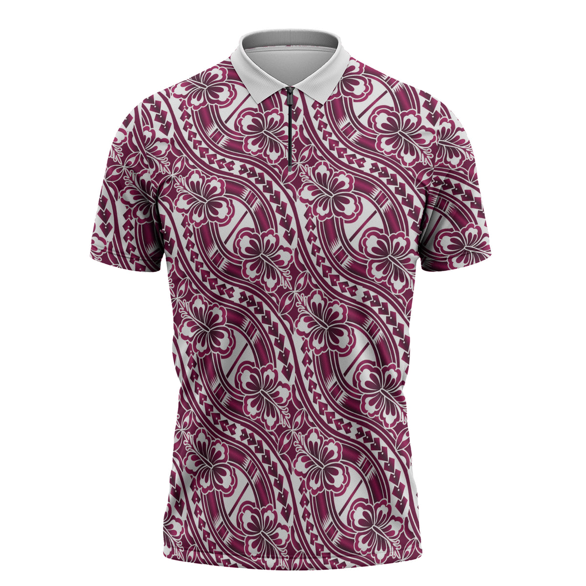 Hibiscus Bloom Island Tribal Waves Zipper Polo Shirt Pink Polynesian Pattern