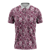 Hibiscus Bloom Island Tribal Waves Zipper Polo Shirt Pink Polynesian Pattern